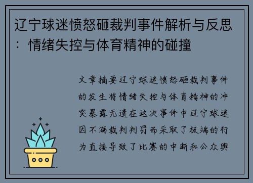 辽宁球迷愤怒砸裁判事件解析与反思：情绪失控与体育精神的碰撞
