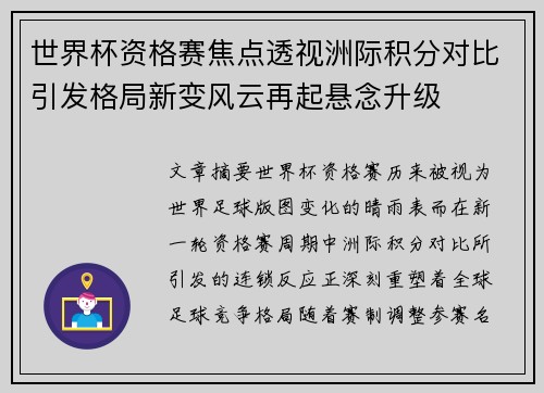 世界杯资格赛焦点透视洲际积分对比引发格局新变风云再起悬念升级 世界杯资格赛焦点透视洲际积分对比引发格局新变风云再起悬念升级